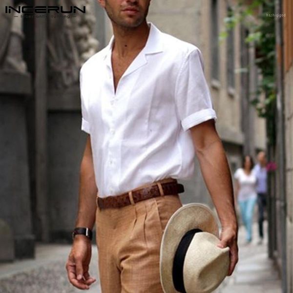 

incerun summer solid color shirt men lapel button up casual fashion streetwear shirts men short sleeve 2020 camisa masculina1, White;black