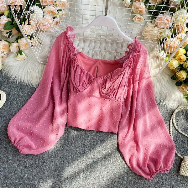 

yornmona french high waist chiffon blouse shirt women 2021 early autumn long puff sleeve crop elegant pink blusas, White