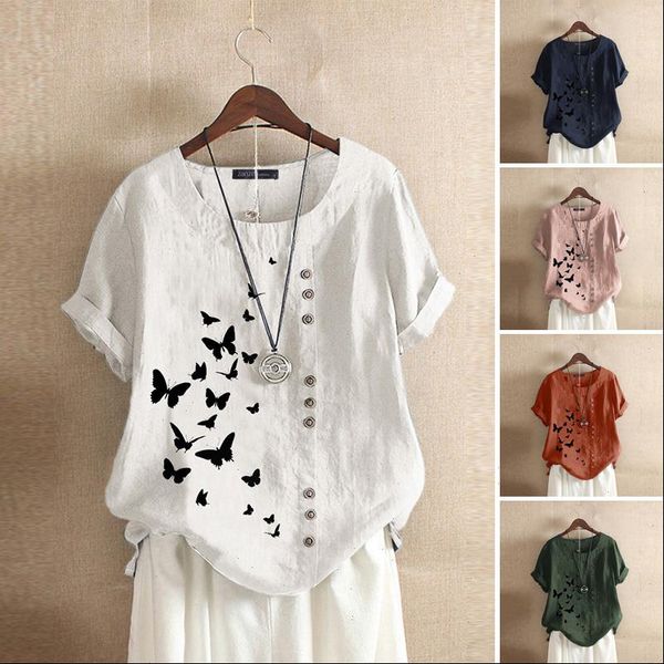 

stylish summer tee shirts womens printed blouse 2021 zanzea vintage button o neck female short sleeve tunic plus size 5xl, White