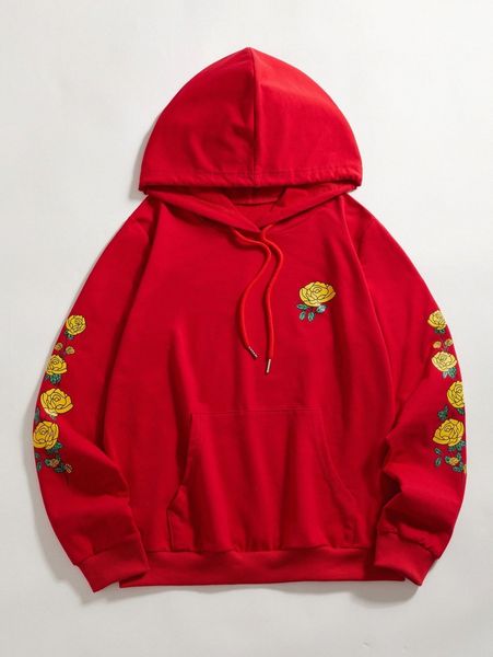 

floral print kangaroo pocket drawstring hoodie z6nu#, White;black