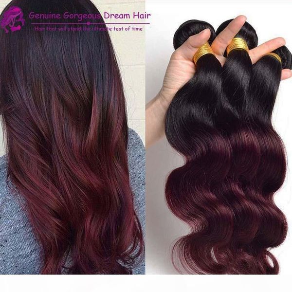 

fashion ombre hair extensions dark wine 99j body wave 3 pcs two tone color 100% human hair weaves t1b 99j, Black