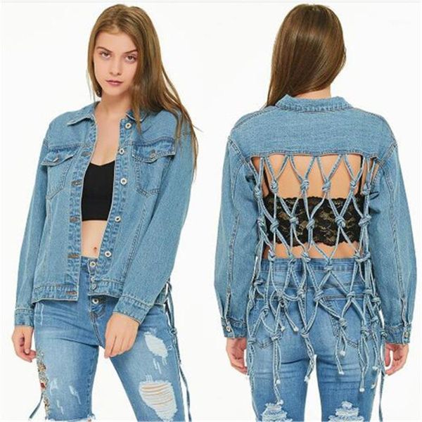 

european american women's loose wind fringed denim jacket back hollow female baseball uniform clothes coat1, Black;brown