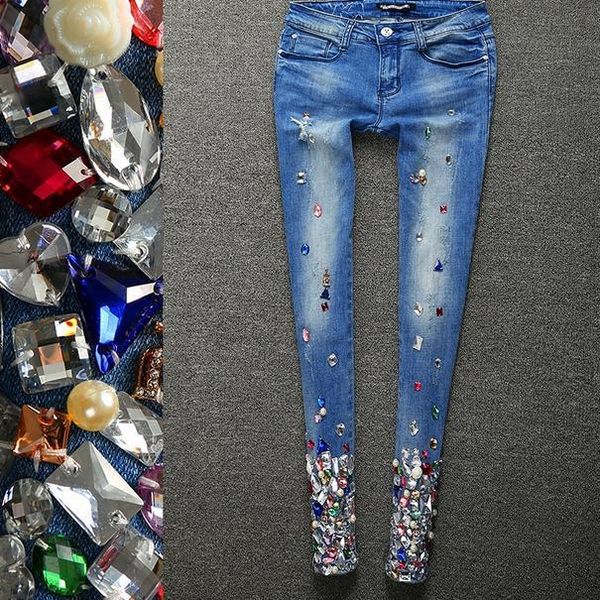 

new ripped women jeans skinny denim diamonds rhinestones jeans with holes pencil stretch, Blue