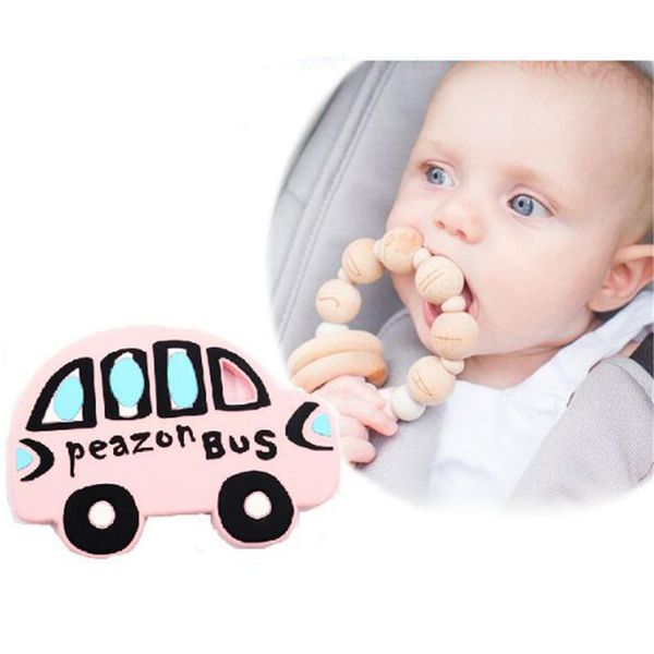 

portable silicone baby teether teething stick soft chewable silicone bus car pendant baby teething toys q1214