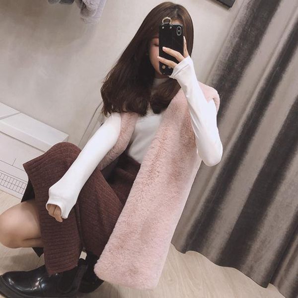 

faux fur vest coat women autumn winter sleeveless v-neck soft hairy waistcoat fur jacket outerwear plus size 201209, Black