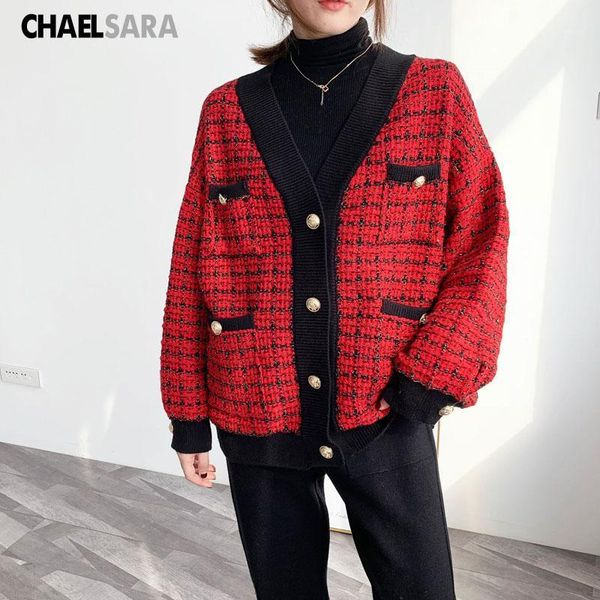 

vintage wool jacket women v-neck long sleeve knit coat female spring autumn loose plaid female overcoat1, Black;brown
