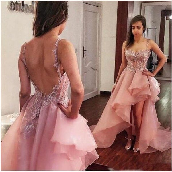 

2020 high low pink prom dresses backless spaghetti straps beaded lace applique tiered organza plus size evening gowns formal occasion, Black;red