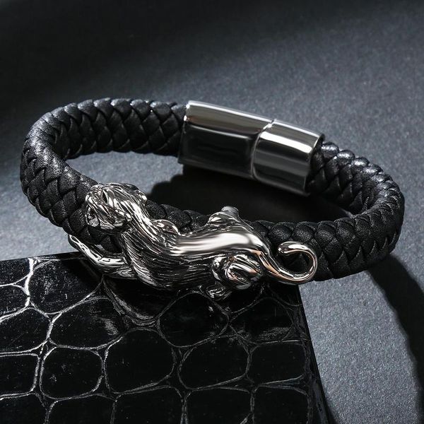 

мода классические мужчины браслет черный кожаный скелет из нержавеющей стали магнит пряжка браслет мужской леопардовый подарок ювелирных изд, Golden;silver