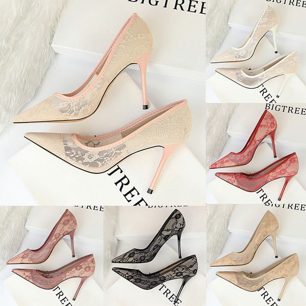 

fashion mesh hollow lace women's high heels shoes shallow mouth pointed toe nightclub stiletto heels wedding dress shoe girl pumps, Black
