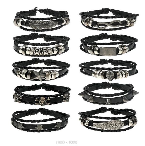 

vintage woven cowhide bracelet diy12 style 12 piece suit men's leather chain arm ornament alloy skull infinity five star, Golden;silver