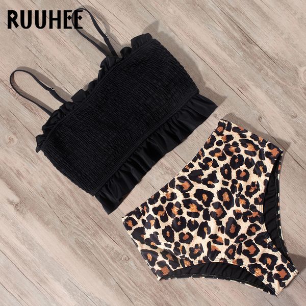 

ruuhee leopard swimwear women smocking high waist swimsuit bikini women ruffle bikini set 2020 printed bathing suit beach wear y1120, White;black