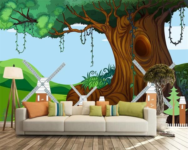 Cartoon-Landschaft 3D-Tapete HD Europa und Amerika Cartoon hoch aufragende Bäume grüne Kinderzimmer-Dekoration 3D-Wandtapete