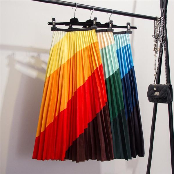 

2019 new-coming autumn rainbow discoloration silk surface retro women skirts high street a-line multi-color skirts1, Black