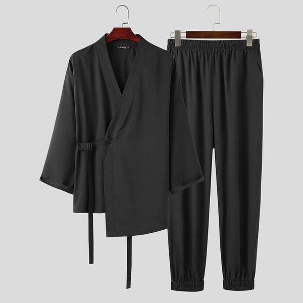 

men's tracksuits men solid color sets incerun long sleeve v neck kimono elastic waist pants 2 pieces man vintage lace up suit streetwe, Gray