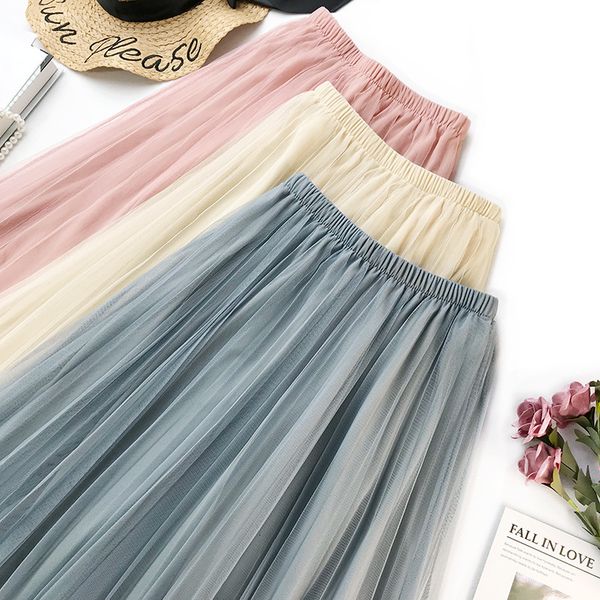 

2021 new fashion spring summer vintage skirts womens elastic high waist tulle mesh long pleated tutu skirt female jupe longue 38m8, Black