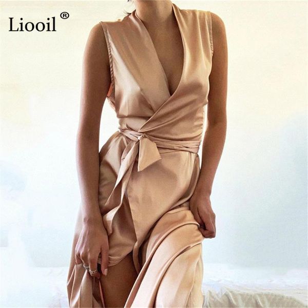 

liooil loose slit satin long dress with belts 2021 asymmetrical sleeveless high waist maxi dresses woman party night club1, Black;gray