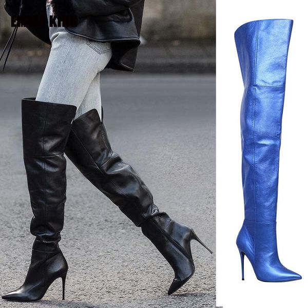 

boots black/blue over knee women pointed toe thin high heels lady winter thigh stiletto long 2021