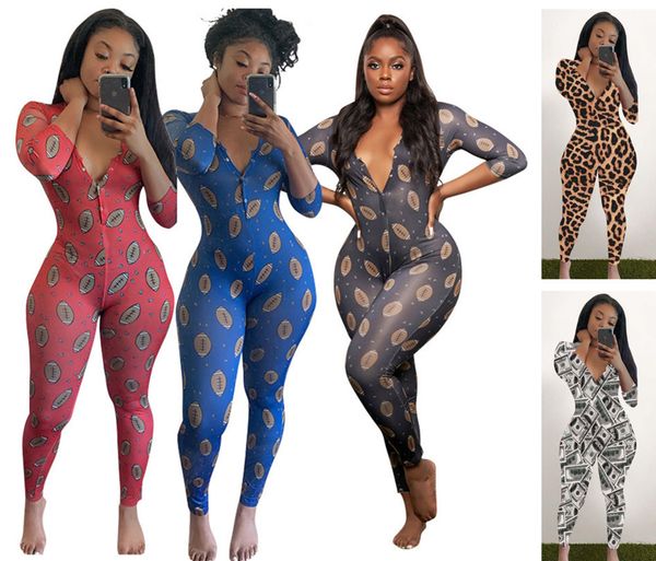 

autumn and winter new women homewear nightwear jumpsuits workout button skinny bodysuit print long sleeve v-neck onesies p3365, Black;white