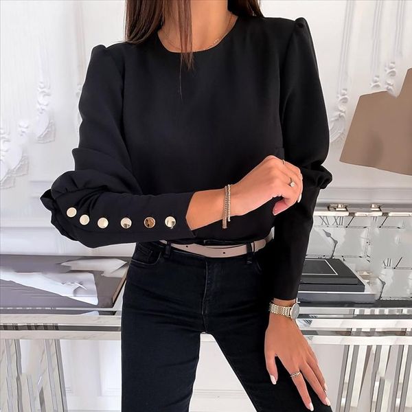 

z25 blouse women plus size shirt back button vintage solid loose long sleeve work wear womens and blouses blusas, White