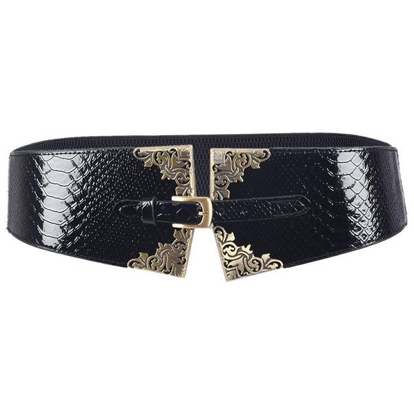 

new lady women elastic waistband wide waist belt retro metal buckle faux leather, Black;brown