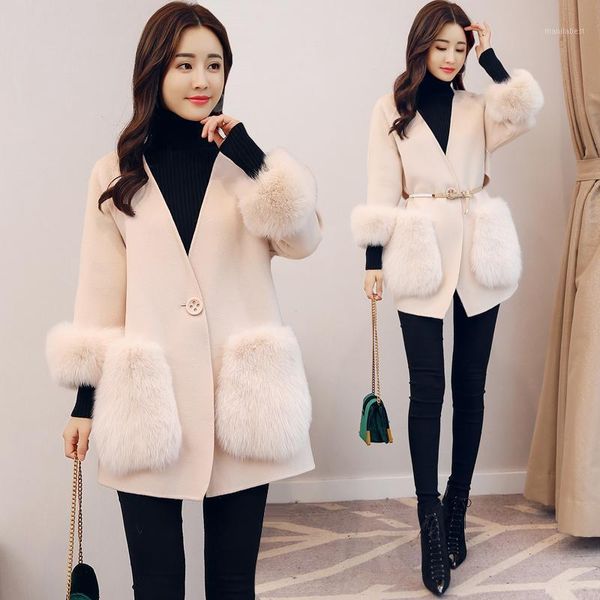 

autumn women overcoat warm lady faux fur coat v-neck three quarter sleeve cardigan female outwear1, Tan;black