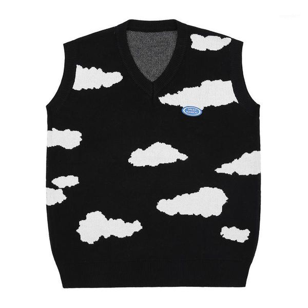 

lacible hip hop jumper sweater vest men harajuku streetwear cloud pattern knitted sweater men women sleeveless1, Black;white