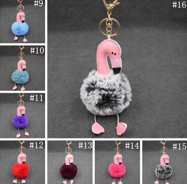 

rabbit keychain fluffy artificial cartoon fur ball flamingo chain car bag key ring pendant, Silver
