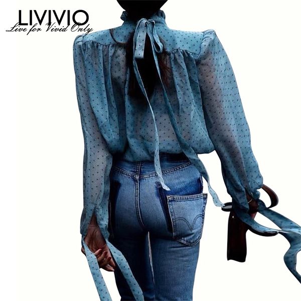 

[livivio] summer vintage polka dot chiffon sheer shirt women ruffles blouse puff sleeve ladies korean fashion clothing y200402, White