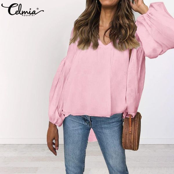 

celmia women casual lantern sleeve blouse 2020 autumn elegant v-neck shirts asymmetrical plus size long loose blusas 5xl, White