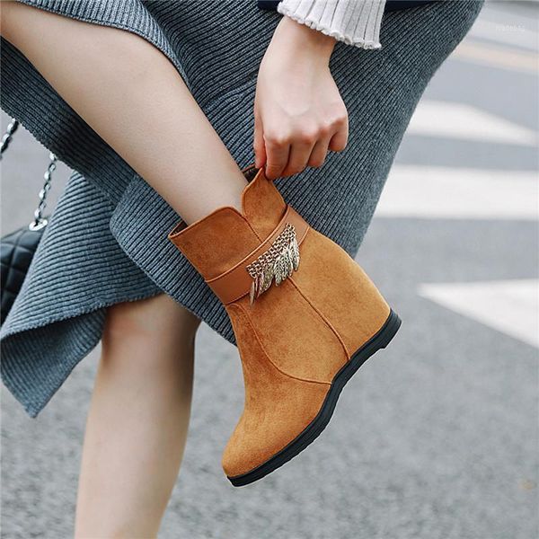 

boots yqbtdl fashion 2021 height increasing winter women faux nubuck beige yellow metal tassel decor high heel ankle boots1, Black