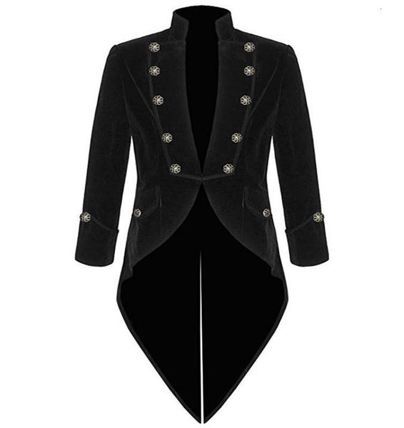 

men's velvet long tailcoat jacket steampunk halloween cosplay costume victorian gothic coat stand collar overcoat for casual, White;black