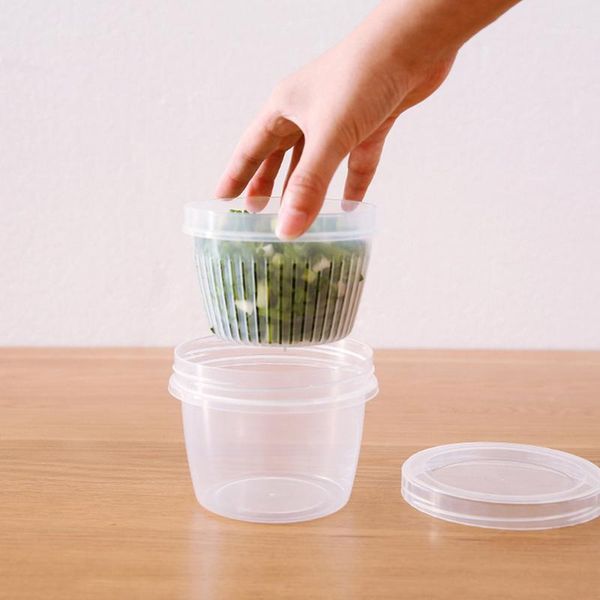 

2 layer onion ginger garlic plastic storage box round transparent drain seal stackable mini bowl kitchen fridge container1