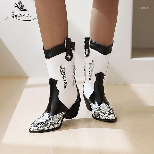 

boots sgesvier womens retro mid calf snake mix colors booties women high heel cowboy fashion casual shoes1, Black