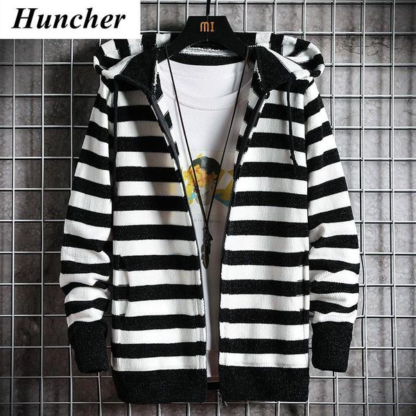 

huncher mens hooded cardigan sweater men coats 2020 autumn korean slim striped knitted cardigans male cold blouse sweaters, White;black