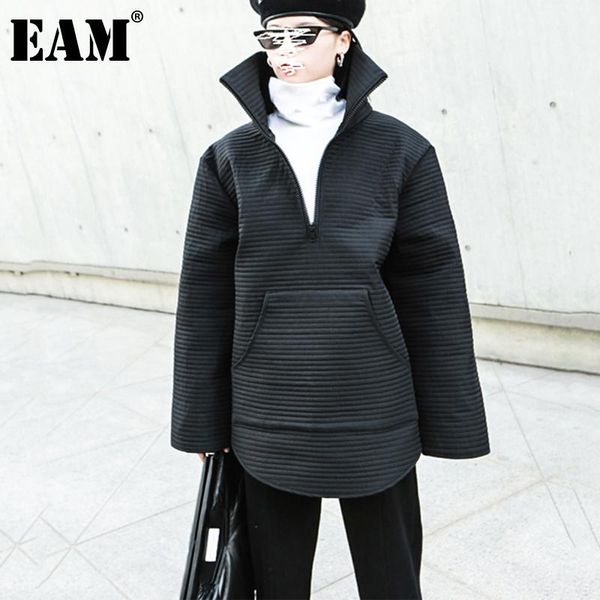 

eam] loose fit black oversized sweatshirt new stand collar long sleeve women big size fashion tide spring autumn 2020 1db251