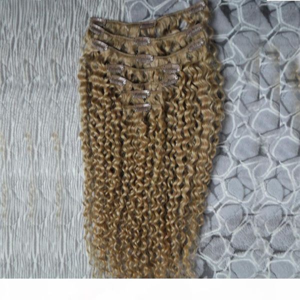 

afro kinky clip in extensions clip in human hair extensions 7pcs honey blond kinky curly african american clip in human hair extensions, Black;brown