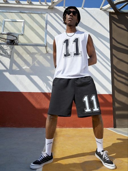 

men number print tank & shorts u69l#, Gray
