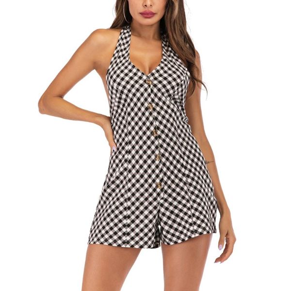 

halter v-neck single-breasted jumpsuit for women, Tan;black