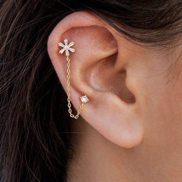 

stud two hole double piercing delicate single stone cz lovely sparking zirconia flower girl earring, Golden;silver