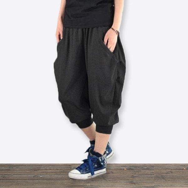

plus size jogger summer loose casual pleated harem pants men solid color cropped trousers black gray1