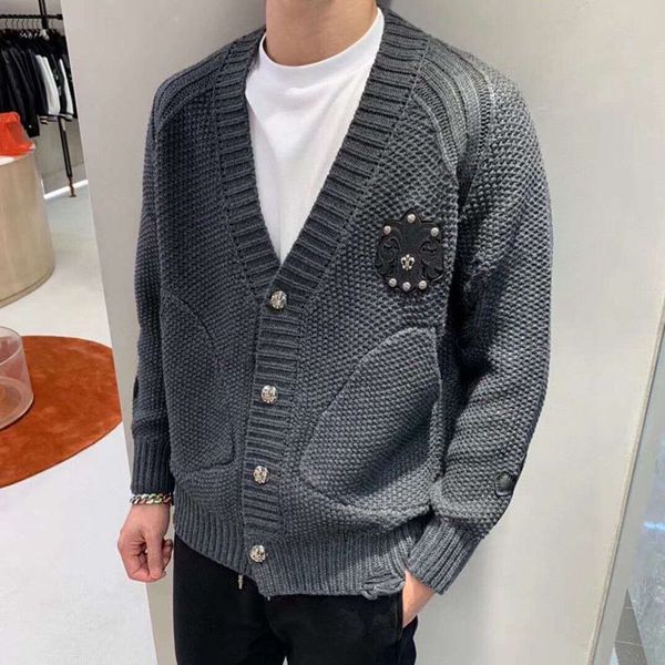 

brand chao autumn winter coat knitted sweater long staple cotton blended cross skin embroidered crosin button cardigan for men, Black