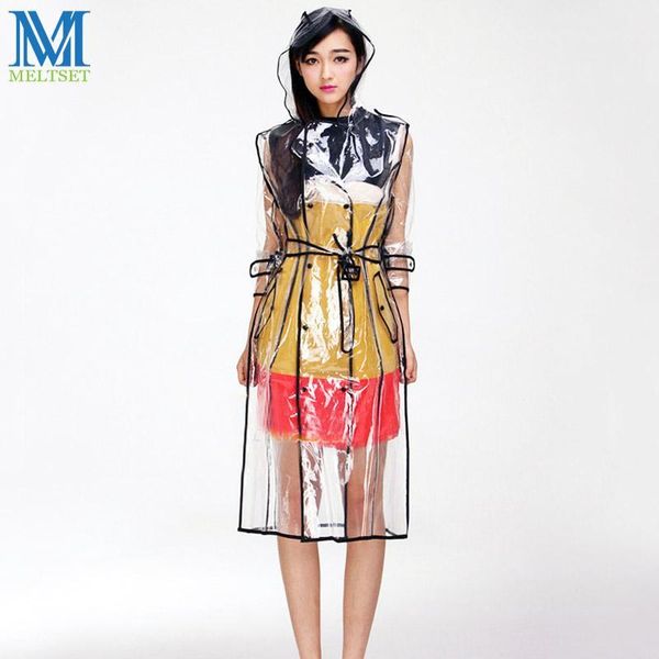 

raincoats fashion eva transparent raincoat with belt long rain coat women jacket waterproof windbreaker hooded poncho outdoors rainwear1