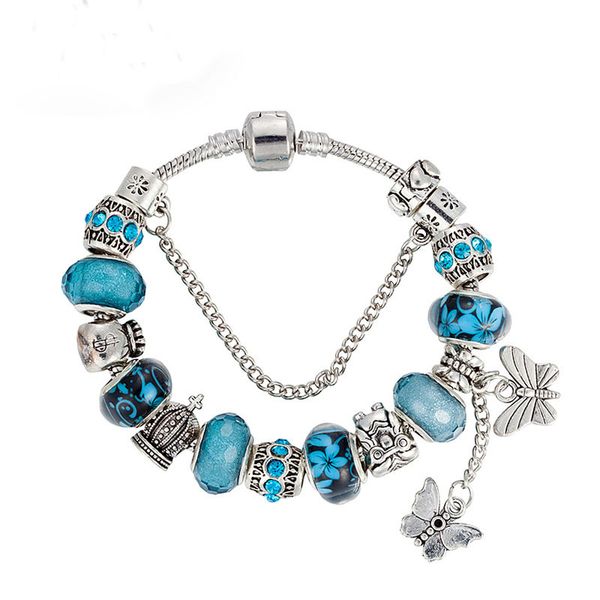 

pandora style charm bracelet for women fashion silver plated butterfly tassel pendant diy macroporous crystal beads, Golden;silver