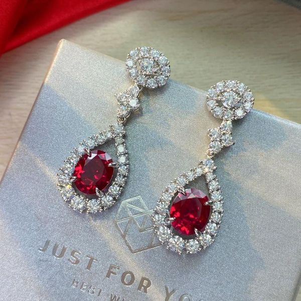 

classic inlaid 9*11 egg-shaped red moissan surrounded by droplets full of diamonds 925 silver women's earrings exquisite jewelry, Golden;silver