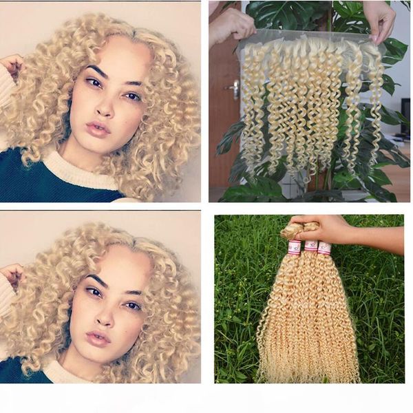 

#613 blonde deep wave human hair and lace frontal unprocessed hair kinky curly 3pcs hair bundles with ear to ear lace frontal closure, Black;brown