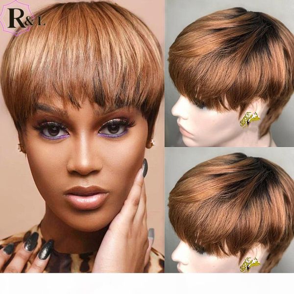 

rulinda ombre colored lace front human hair wigs 180% density short pixie cut brazilian remy hair lace wigs with bangs 13x4, Black;brown