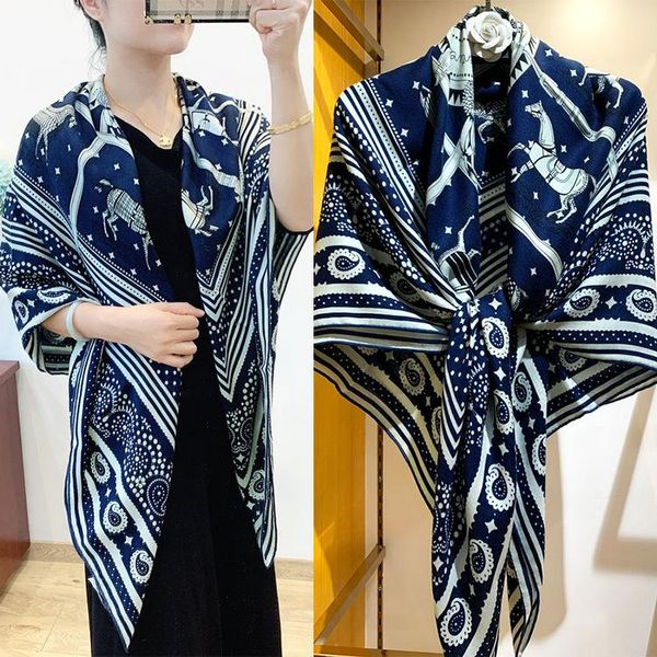 

scarves brand designer pure silk cashmere 140 square scarf for ladies horse printed warm gift, Blue;gray