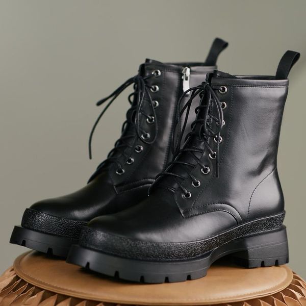 

women's genuine leather thick sole platform flats lace-up autumn ankle boots round toe punk motorcycle boots shoes, Black