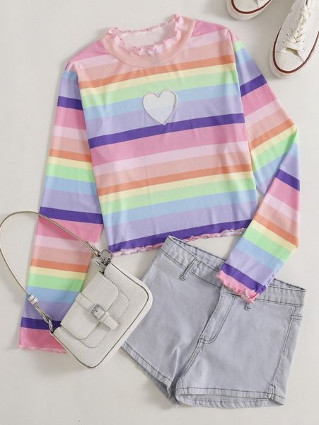 

plus rainbow striped cut out lettuce trim tee h9cr#, Black