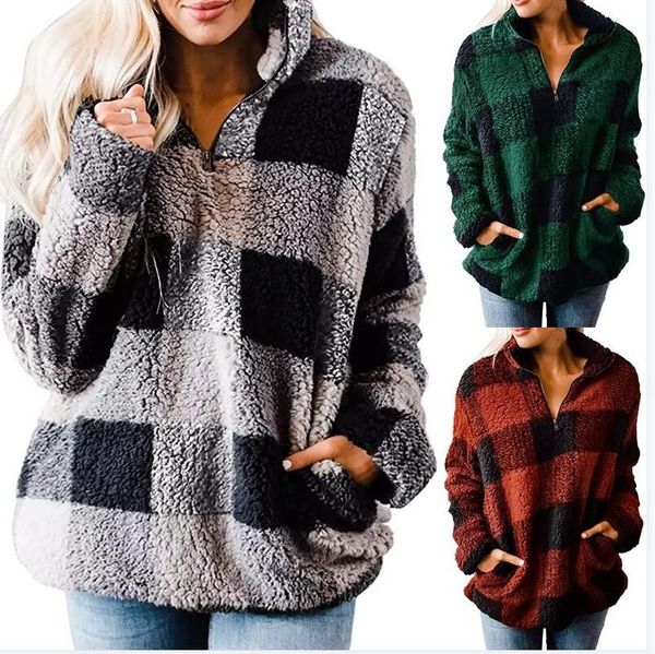 

women autumn winter full sleeves blouse loose thickened plaid zipper high-neck pullover with plush hoodie jacket female coat e122904, White
